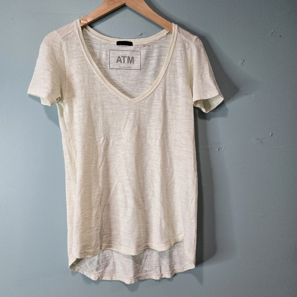 Atm Cream Burnout Hi Low V Neck Minimalist 100% Cotton Shirt Size XS - Picture 1 of 5